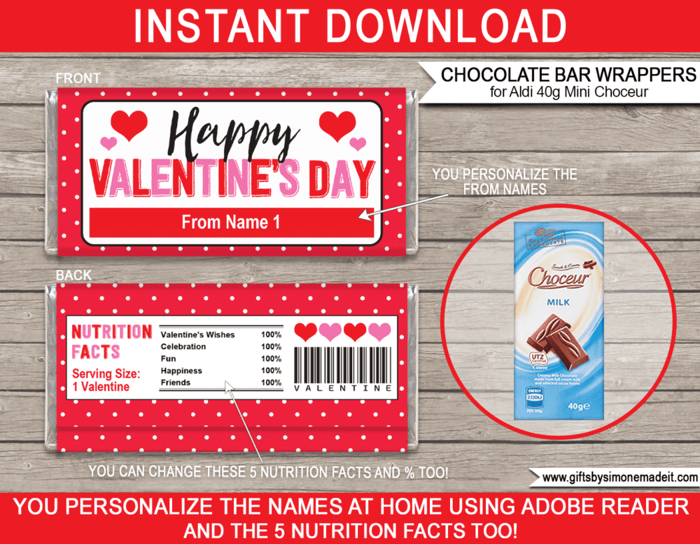 Printable Valentine Chocolate Bar Labels Template - Aldi 40g Mini Choceur Wrappers | Easy Valentine's Day Gift Idea for Family, Kids, School Class, Classroom | DIY with Editable Text | INSTANT DOWNLOAD via giftsbysimonemadeit.com