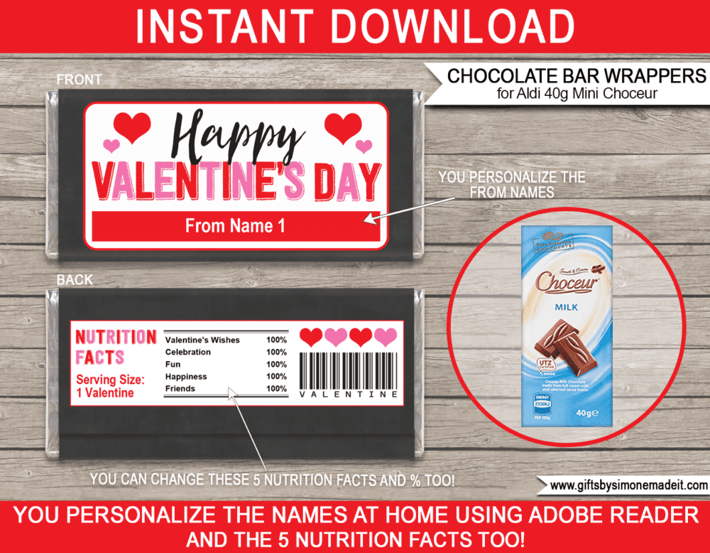 Printable Valentines Day Chocolate Bar Labels Template | Aldi 40g Mini Choceur Wrappers | Easy Valentine's Day Gift Idea for Family, Kids, School Class, Classroom | DIY with Editable Text | INSTANT DOWNLOAD via giftsbysimonemadeit.com