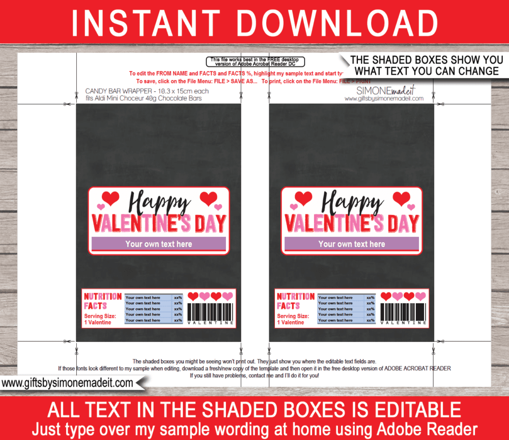 Printable Valentines Day Chocolate Bar Labels Template | Aldi 40g Mini Choceur Wrappers | Easy Valentine's Day Gift Idea for Family, Kids, School Class, Classroom | DIY with Editable Text | INSTANT DOWNLOAD via giftsbysimonemadeit.com