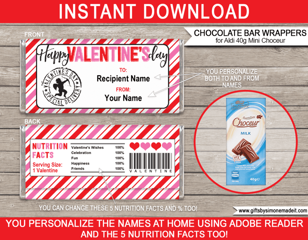 Personalized Printable Aldi Valentine Chocolate Bar Labels Template | Aldi 40g Mini Choceur Wrappers | Easy Valentine's Day Gift Idea for Family, Kids, School Class, Classroom | DIY with Editable Text | INSTANT DOWNLOAD via giftsbysimonemadeit.com