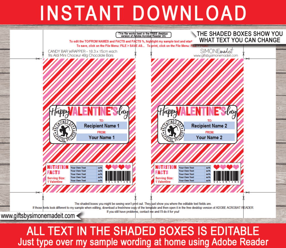 Personalized Printable Aldi Valentine Chocolate Bar Labels Template | Aldi 40g Mini Choceur Wrappers | Easy Valentine's Day Gift Idea for Family, Kids, School Class, Classroom | DIY with Editable Text | INSTANT DOWNLOAD via giftsbysimonemadeit.com