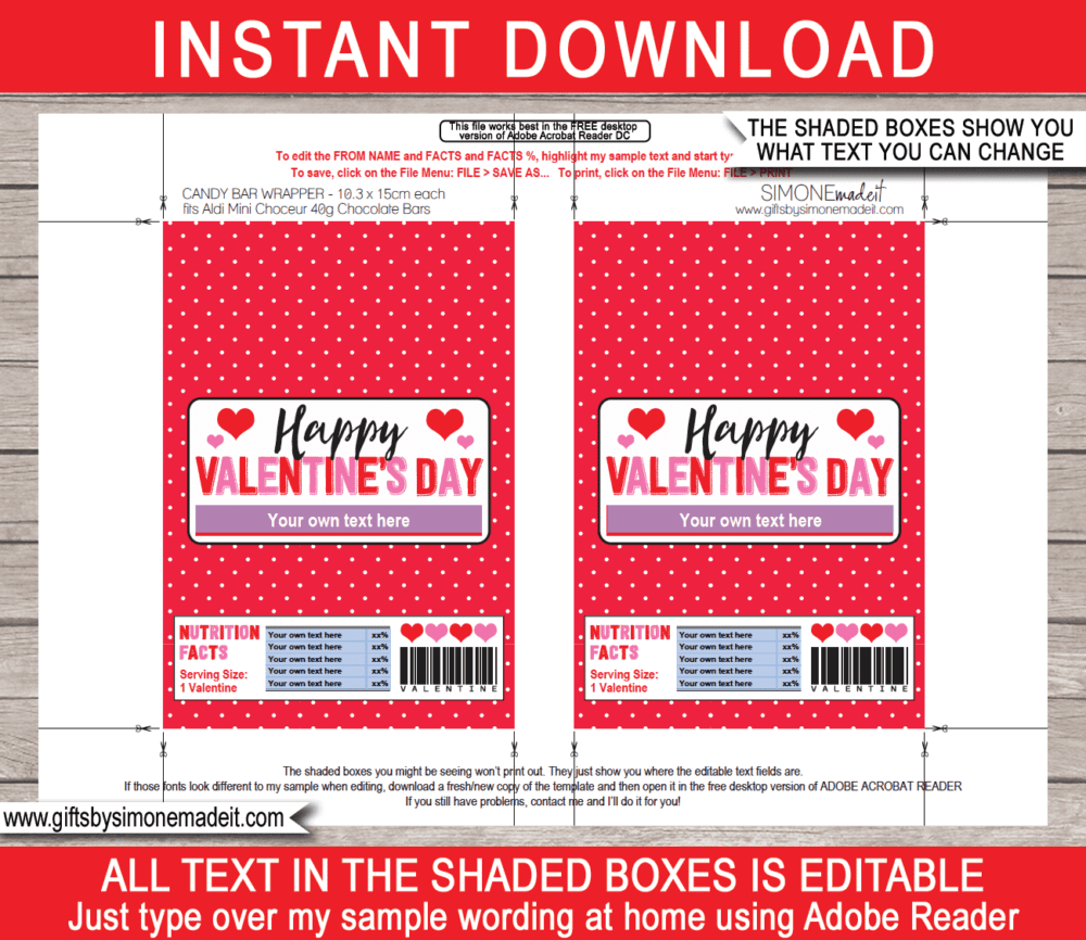 Printable Valentine Chocolate Bar Labels Template - Aldi 40g Mini Choceur Wrappers | Easy Valentine's Day Gift Idea for Family, Kids, School Class, Classroom | DIY with Editable Text | INSTANT DOWNLOAD via giftsbysimonemadeit.com