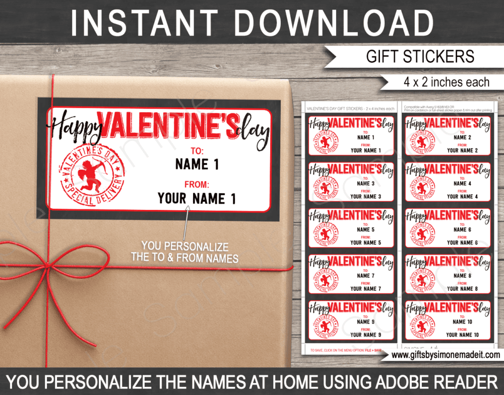 Valentine Gift Labels Template | Personalized Kids Tags Stickers | School Class Gift Idea | Children Valentine's Day Gifts | DIY Printable with Editable Text | INSTANT DOWNLOAD via giftsbysimonemadeit.com