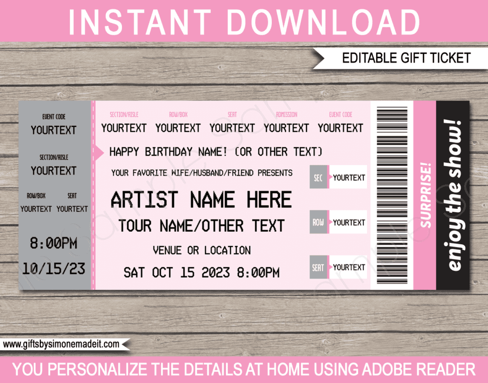 Pink Printable Ticketmaster Concert Ticket Template | Surprise Concert Gift Card, Voucher, Certificate | Concert, Band, Show, Music Festival, Performance, Artist, Performance or Movie | Faux or Fake Concert Ticket for Girls | Instant Download via giftsbysimonemadeit.com