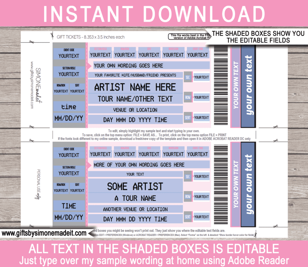 Pink Printable Ticketmaster Concert Ticket Template | Surprise Concert Gift Card, Voucher, Certificate | Concert, Band, Show, Music Festival, Performance, Artist, Performance or Movie | Faux or Fake Concert Ticket for Girls | Instant Download via giftsbysimonemadeit.com
