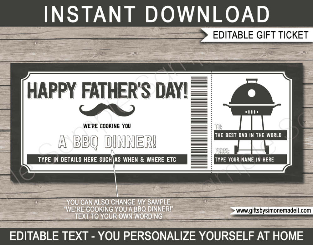 Fathers Day BBQ Dinner Voucher Template | DIY Printable Gift Coupon, Certificate, Card Gift Idea for Dad | Editable Text | INSTANT DOWNLOAD via giftsbysimonemadeit.com
