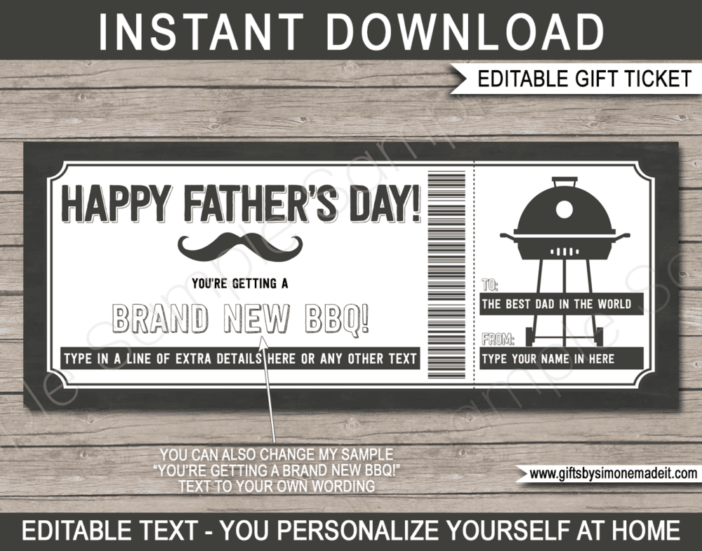 Fathers Day New BBQ Voucher Template | DIY Printable Gift Coupon, Certificate, Card Gift Idea for Dad | Editable Text | INSTANT DOWNLOAD via giftsbysimonemadeit.com
