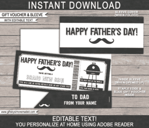 Fathers Day BBQ Voucher Template & Ticket Sleeve | DIY Printable Gift Coupon, Certificate, Card Gift Idea for Dad | Editable Text | INSTANT DOWNLOAD via giftsbysimonemadeit.com