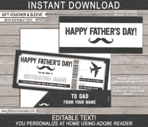 Fathers Day Boarding Pass Template & Ticket Sleeve | Printable Plane Ticket Certificate Voucher Card Gift Idea for Dad | Editable Text | INSTANT DOWNLOAD via giftsbysimonemadeit.com