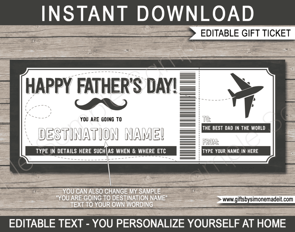 Fathers Day Boarding Pass Template | Printable Plane Ticket Certificate Voucher Card Gift Idea for Dad | Editable Text | INSTANT DOWNLOAD via giftsbysimonemadeit.com