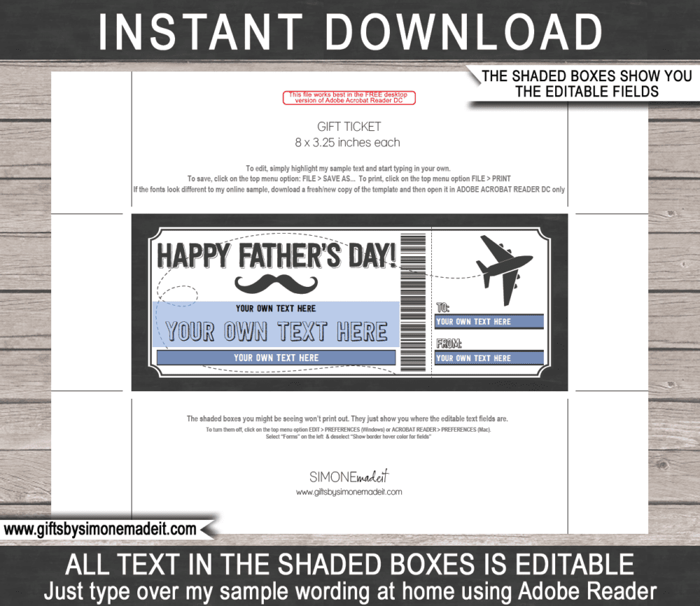 Fathers Day Boarding Pass Template | Printable Plane Ticket Certificate Voucher Card Gift Idea for Dad | Editable Text | INSTANT DOWNLOAD via giftsbysimonemadeit.com