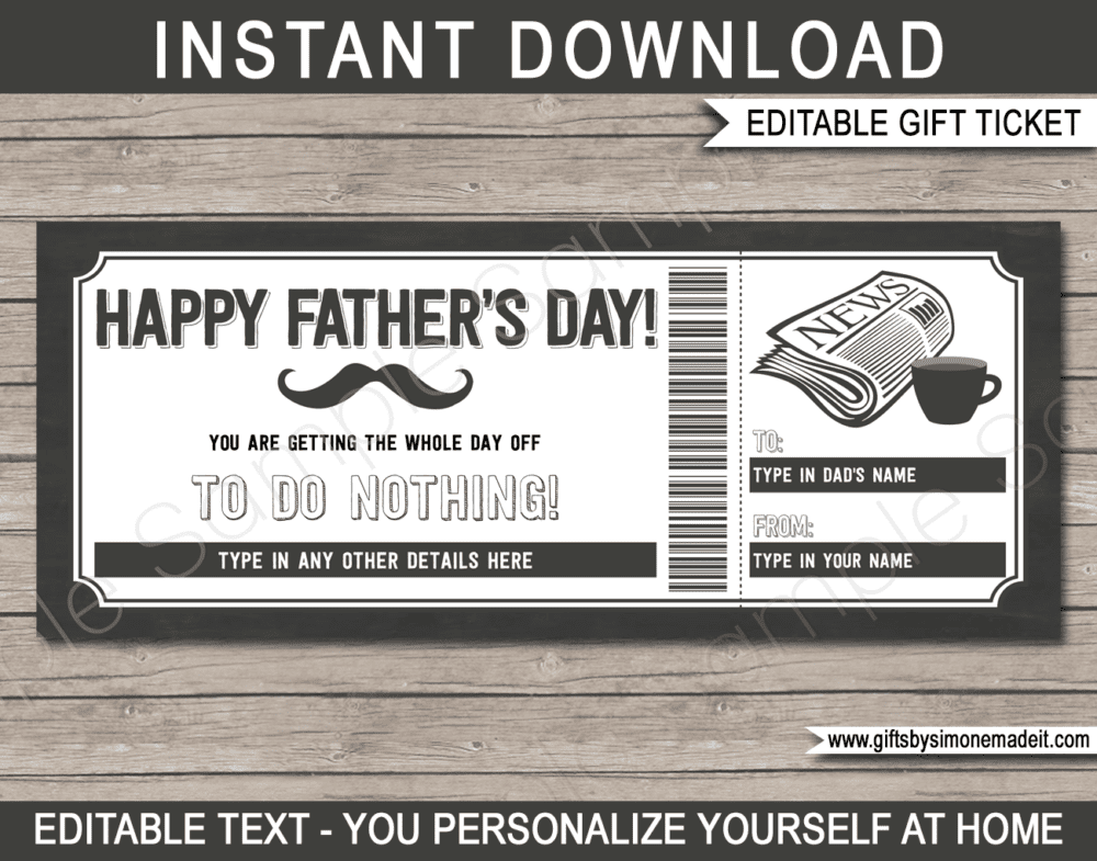 Fathers Day Relaxing Day Off Coupon Template | Printable Gift Voucher, Certificate, Card Gift Idea for Dad | Editable Text | INSTANT DOWNLOAD via giftsbysimonemadeit.com