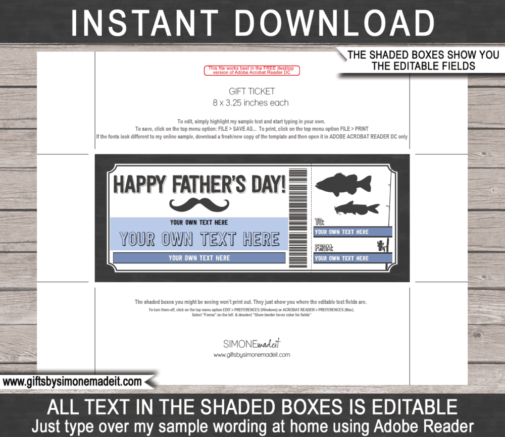 Fathers Day Fishing Coupon Template | Printable Gift Voucher, Certificate Ticket Card Idea for Dad | Editable Text | INSTANT DOWNLOAD via giftsbysimonemadeit.com