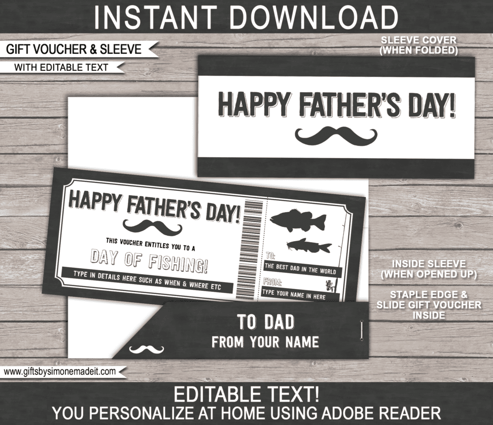 Fathers Day Fishing Trip Ticket Template & Sleeve | Printable Gift Voucher, Certificate Coupon Card Idea for Dad | Editable Text | INSTANT DOWNLOAD via giftsbysimonemadeit.com