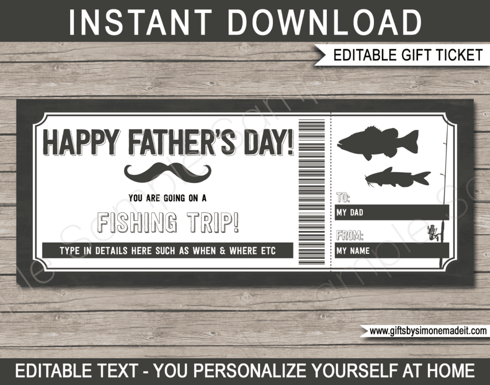 Fathers Day Fishing Trip Coupon Template | Printable Gift Voucher, Certificate Ticket Card Idea for Dad | Editable Text | INSTANT DOWNLOAD via giftsbysimonemadeit.com
