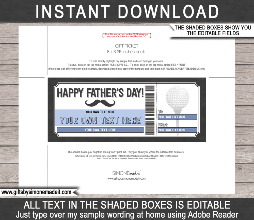 Fathers Day Golfing Trip Ticket Template | Printable Gift Coupon Certificate Voucher Card Idea for Dad | Editable Text | INSTANT DOWNLOAD via giftsbysimonemadeit.com