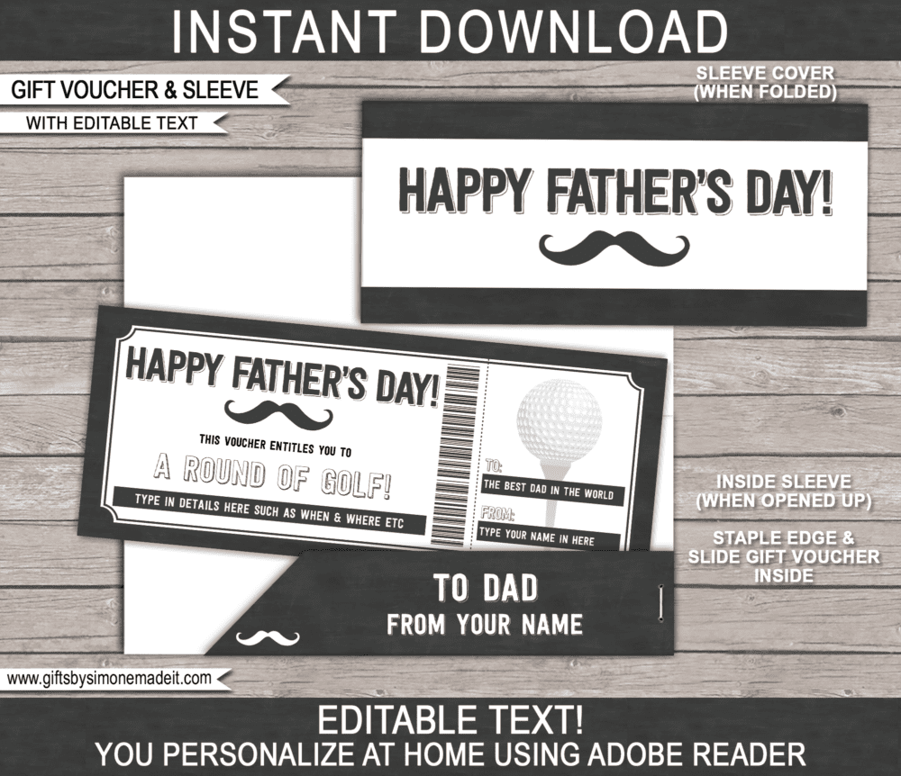 Fathers Day Golf Coupon Template & Sleeve | Printable Gift Coupon Ticket Certificate Voucher Card Idea for Dad | Editable Text | INSTANT DOWNLOAD via giftsbysimonemadeit.com