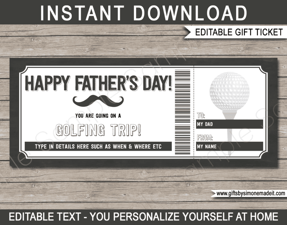 Fathers Day Golfing Trip Ticket Template | Printable Gift Coupon Certificate Voucher Card Idea for Dad | Editable Text | INSTANT DOWNLOAD via giftsbysimonemadeit.com