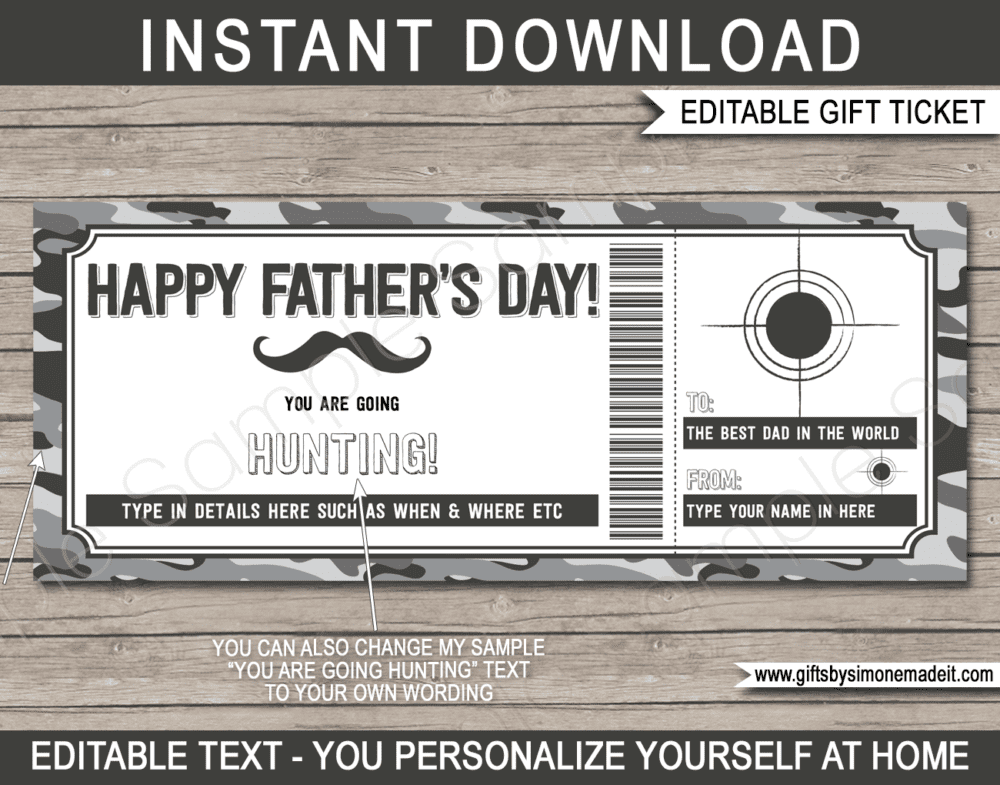 Fathers Day Hunting Trip Ticket Template | Printable Gift Certificate Voucher Card Idea for Dad | Editable Text | INSTANT DOWNLOAD via giftsbysimonemadeit.com