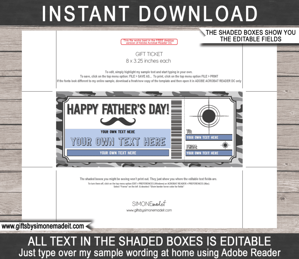 Fathers Day Hunting Trip Ticket Template | Printable Gift Certificate Voucher Card Idea for Dad | Editable Text | INSTANT DOWNLOAD via giftsbysimonemadeit.com