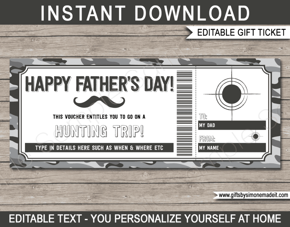 Fathers Day Hunting Trip Ticket Template | Printable Gift Certificate Voucher Card Idea for Dad | Editable Text | INSTANT DOWNLOAD via giftsbysimonemadeit.com