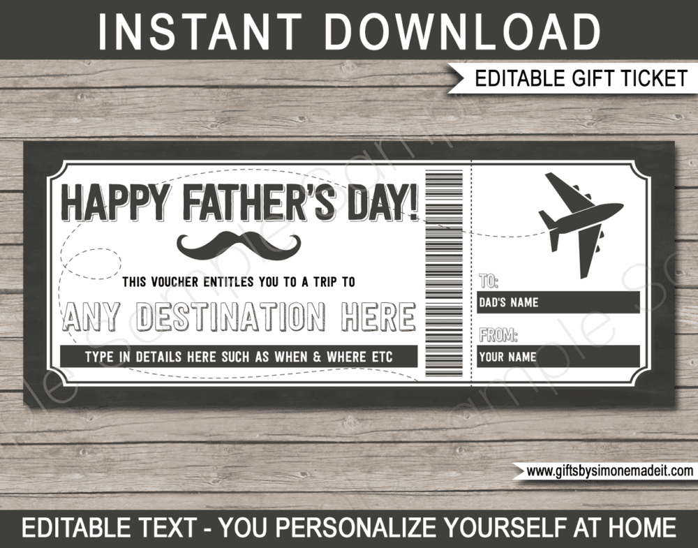 Fathers Day Boarding Pass Template | Printable Plane Ticket Certificate Voucher Card Gift Idea for Dad | Editable Text | INSTANT DOWNLOAD via giftsbysimonemadeit.com