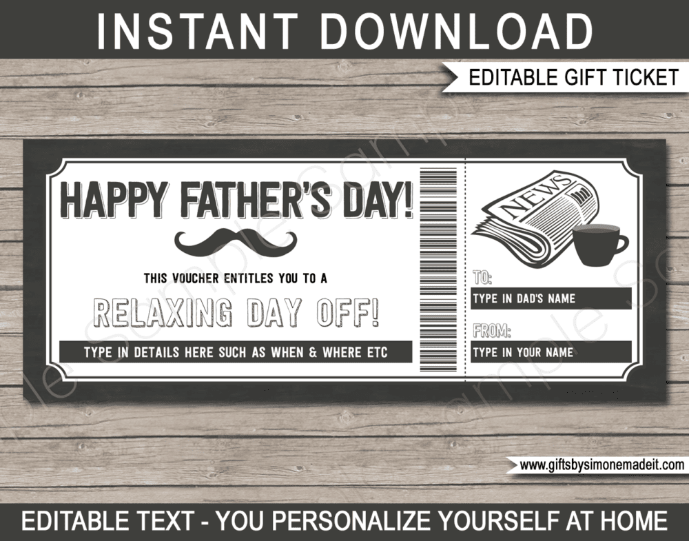 Fathers Day Relaxing Day Off Coupon Template | Printable Gift Voucher, Certificate, Card Gift Idea for Dad | Editable Text | INSTANT DOWNLOAD via giftsbysimonemadeit.com