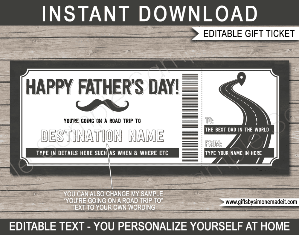 Fathers Day Road Trip Ticket Coupon | Printable Destination Gift Certificate Voucher Card Idea for Dad | Editable Text | INSTANT DOWNLOAD via giftsbysimonemadeit.com