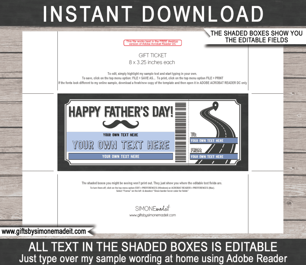 Fathers Day Road Trip Ticket Coupon | Printable Destination Gift Certificate Voucher Card Idea for Dad | Editable Text | INSTANT DOWNLOAD via giftsbysimonemadeit.com