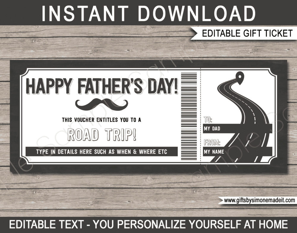 Fathers Day Road Trip Ticket Coupon | Printable Gift Certificate Voucher Card Idea for Dad | Editable Text | INSTANT DOWNLOAD via giftsbysimonemadeit.com