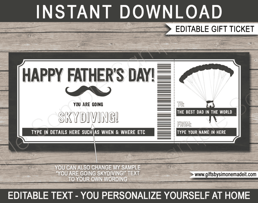 Fathers Day Skydiving Ticket Coupon Template | Printable Gift Certificate for a surprise Sky Dive | Gift Voucher Card Idea for Dad | Editable Text | INSTANT DOWNLOAD via giftsbysimonemadeit.com