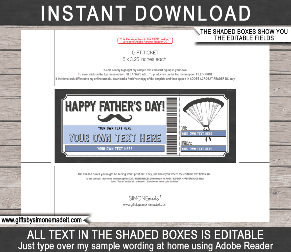 Fathers Day Skydiving Ticket Coupon Template | Printable Gift Certificate for a surprise Sky Dive | Gift Voucher Card Idea for Dad | Editable Text | INSTANT DOWNLOAD via giftsbysimonemadeit.com