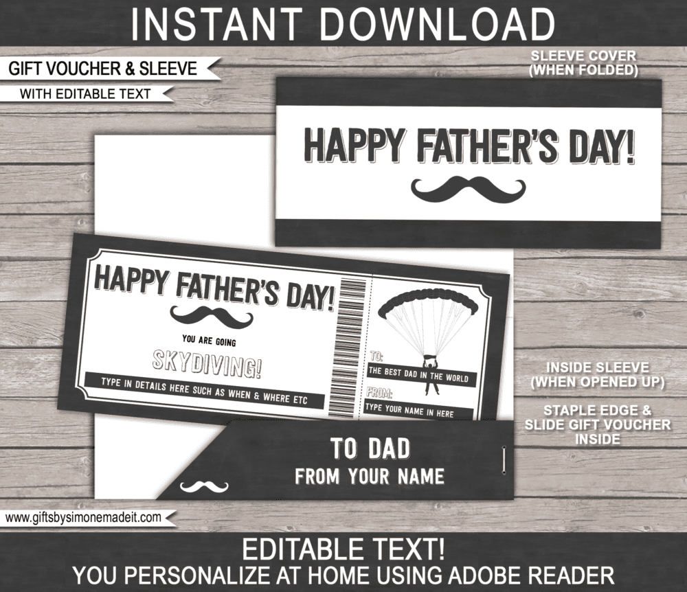 Fathers Day Skydiving Ticket Coupon & Sleeve | Printable Gift Certificate for a surprise Sky Dive | Gift Voucher Card Idea for Dad | Editable Text | INSTANT DOWNLOAD via giftsbysimonemadeit.com