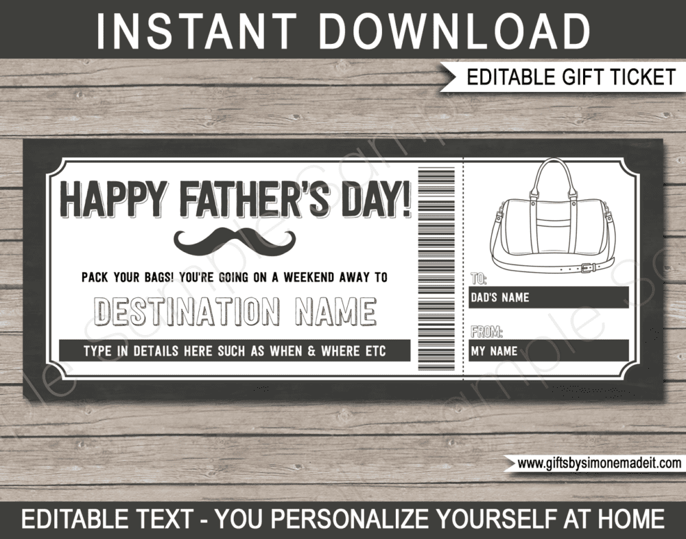 Fathers Day Weekend Getaway Gift Voucher | Printable Coupon for Hotel Reservation, Overnight Stay, Surprise Trip | Gift Certificate Card Ticket | Gift Idea for Dad | Editable Text | INSTANT DOWNLOAD via giftsbysimonemadeit.com