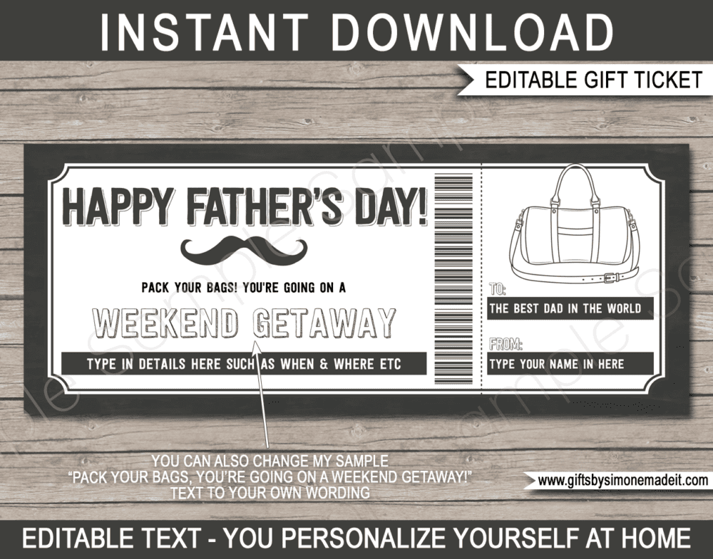 Fathers Day Weekend Getaway Gift Voucher | Printable Coupon for Hotel Reservation, Overnight Stay, Surprise Trip | Gift Certificate Card Ticket | Gift Idea for Dad | Editable Text | INSTANT DOWNLOAD via giftsbysimonemadeit.com