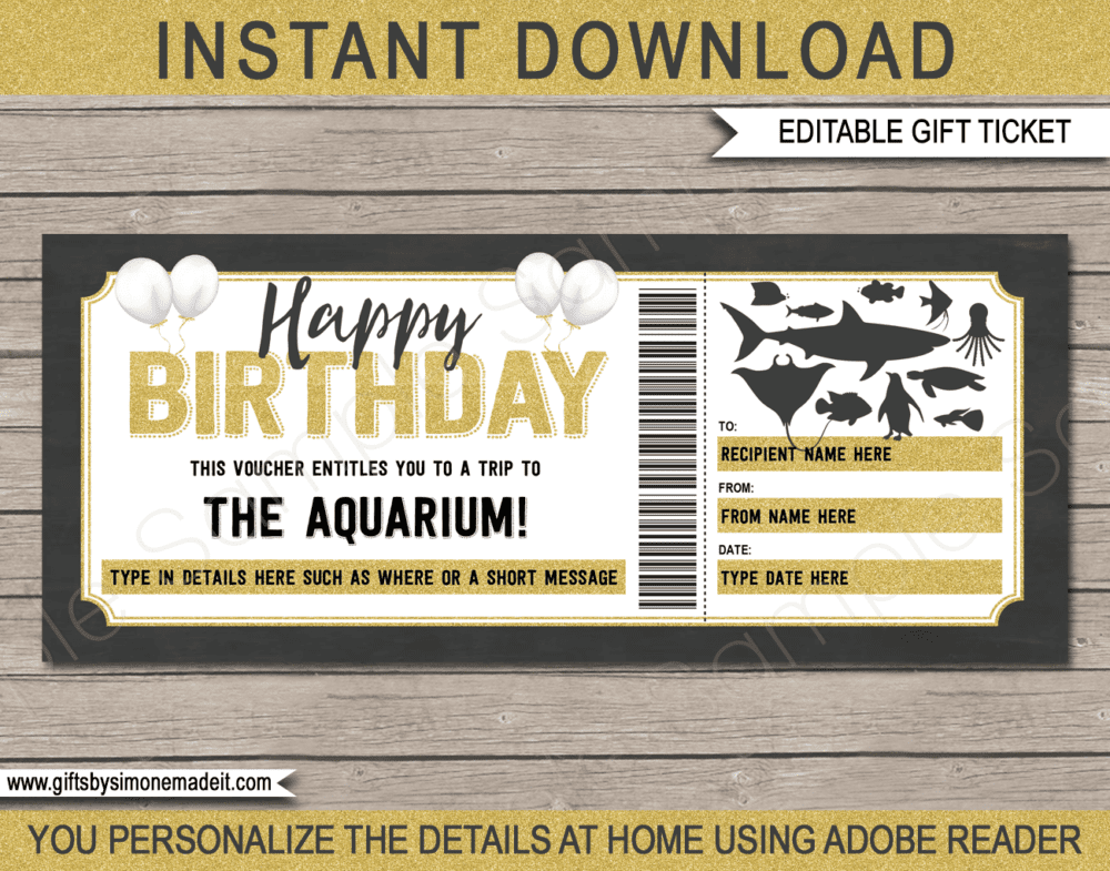 Birthday Aquarium Ticket Template | Printable Gift Certificate, Voucher, Card with Editable Text | INSTANT DOWNLOAD via giftsbysimonemadeit.com