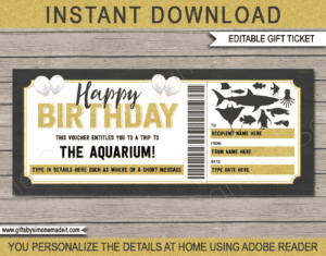 Birthday Aquarium Ticket Template | Printable Gift Certificate, Voucher, Card with Editable Text | INSTANT DOWNLOAD via giftsbysimonemadeit.com