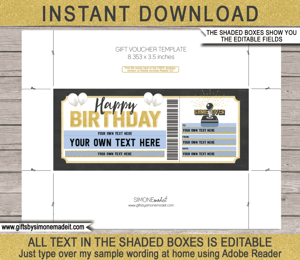 Printable Birthday Video Arcade Game Ticket Template | Video Game Console Gift Voucher Coupon Certificate | DIY Editable text | INSTANT DOWNLOAD via giftsbysimonemadeit.com