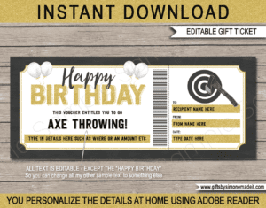Printable Birthday Axe Throwing Ticket Template | Gift Voucher Certificate Coupon | DIY Editable Text | INSTANT DOWNLOAD via giftsbysimonemadeit.com