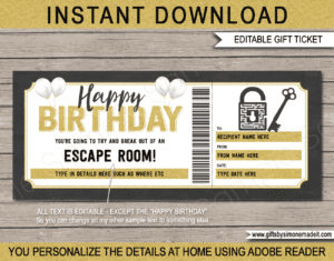 Printable Birthday Escape Room Ticket Template | Puzzle Room, Riddle, Breakout Room, Adventure | Gift Voucher Certificate | DIY Editable text | INSTANT DOWNLOAD via giftsbysimonemadeit.com