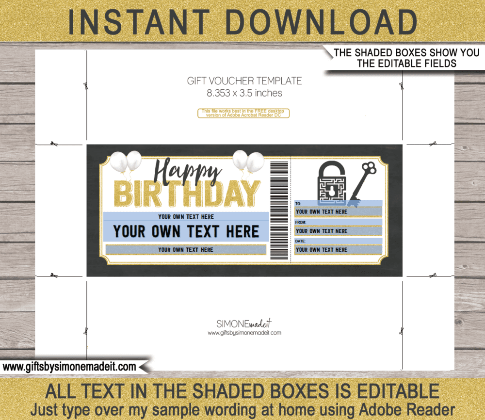 Printable Birthday Escape Room Ticket Template | Puzzle Room, Riddle, Breakout Room, Adventure | Gift Voucher Certificate | DIY Editable text | INSTANT DOWNLOAD via giftsbysimonemadeit.com