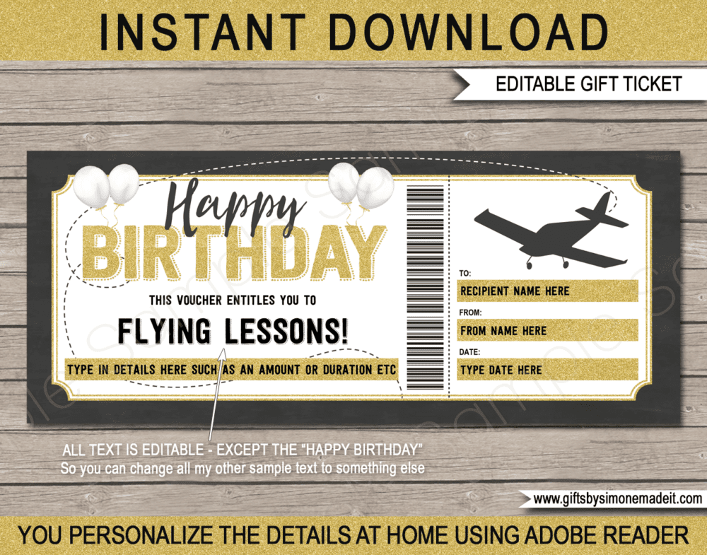 Birthday Flying Lessons Voucher Template | Pilot Training Gift Certificate Voucher Ticket Card ​| Discovery Flight | DIY Printable with Editable Text | INSTANT DOWNLOAD via giftsbysimonemadeit.com