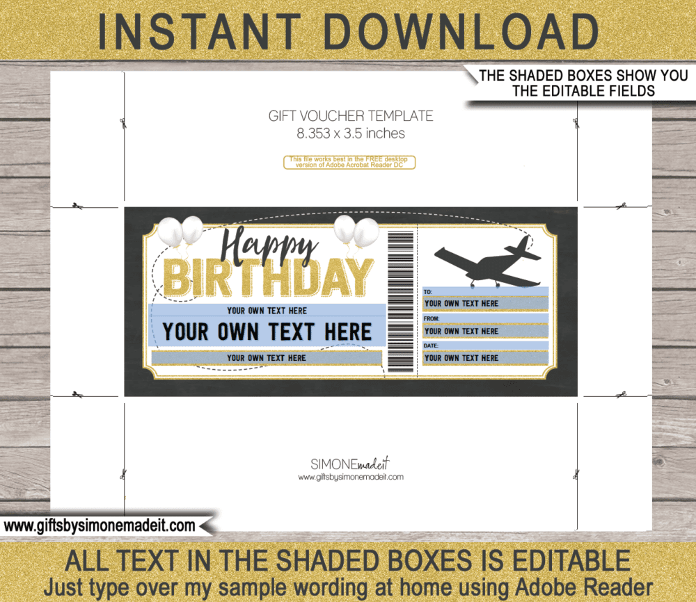 Birthday Flying Lessons Voucher Template | Pilot Training Gift Certificate Voucher Ticket Card ​| Discovery Flight | DIY Printable with Editable Text | INSTANT DOWNLOAD via giftsbysimonemadeit.com