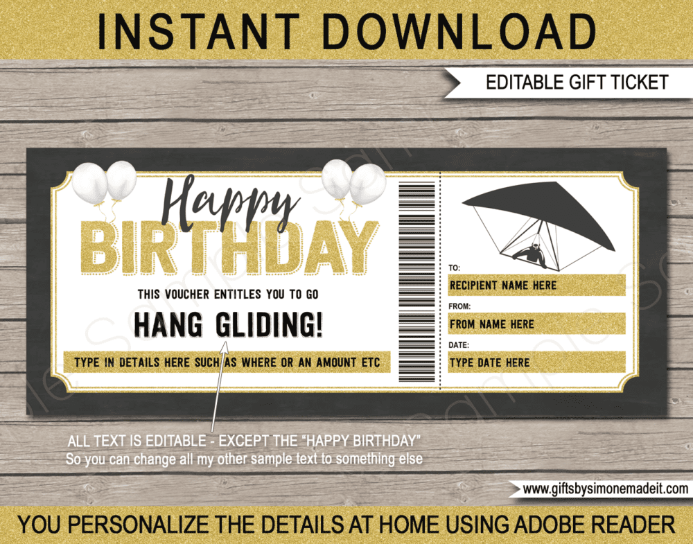 Birthday Hang Gliding Voucher Template | Printable Gift Certificate Ticket Coupon | DIY Editable Ticket | INSTANT DOWNLOAD via giftsbysimonemadeit.com