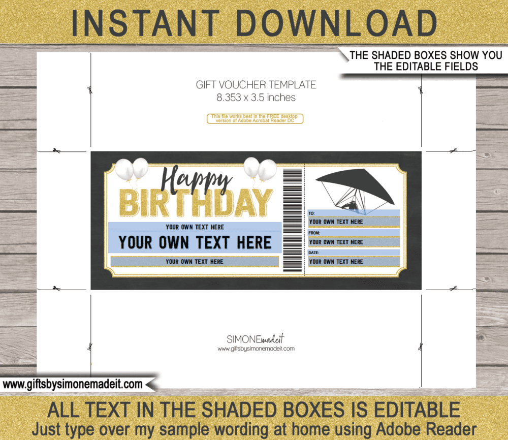 Birthday Hang Gliding Voucher Template | Printable Gift Certificate Ticket Coupon | DIY Editable Ticket | INSTANT DOWNLOAD via giftsbysimonemadeit.com