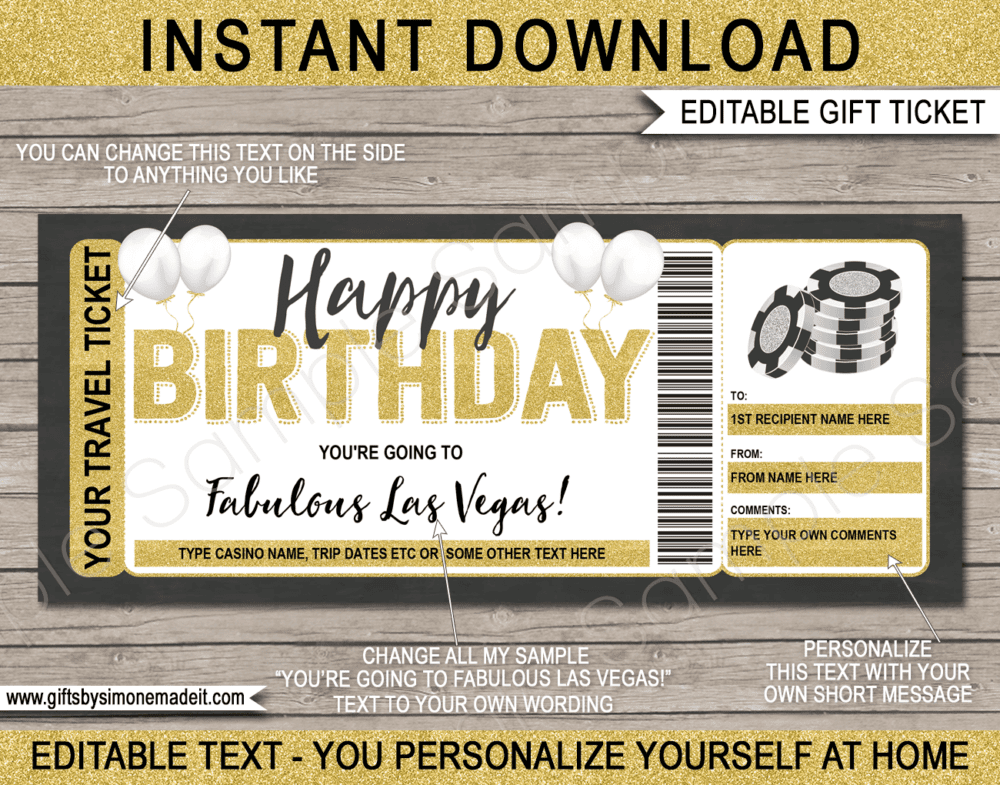 Birthday Las Vegas Trip Travel Ticket Template | Getaway, Vacation or Holiday | Surprise Reveal Idea | DIY Printable with Editable Text | INSTANT DOWNLOAD via giftsbysimonemadeit.com
