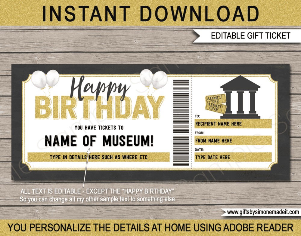 Birthday Museum Ticket Template | Printable Gift Certificate | Birthday Card with Editable Text | Museum Trip | INSTANT DOWNLOAD via giftsbysimonemadeit.com