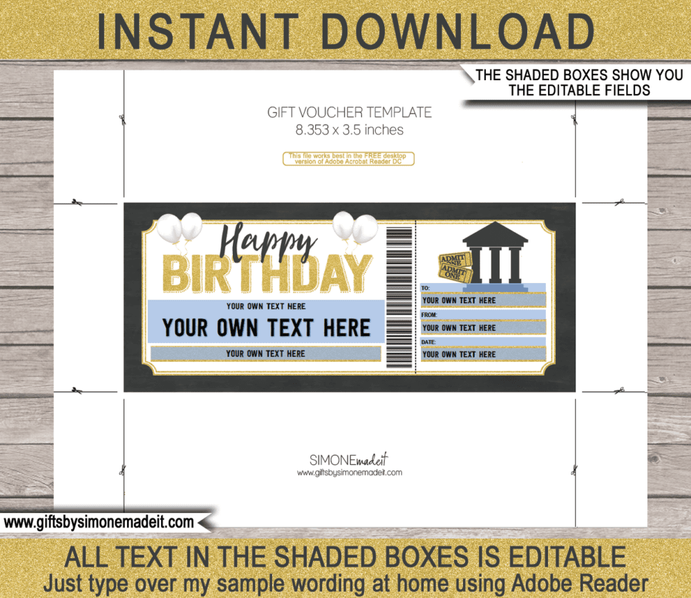 Birthday Museum Ticket Template | Printable Gift Certificate | Birthday Card with Editable Text | Museum Trip | INSTANT DOWNLOAD via giftsbysimonemadeit.com