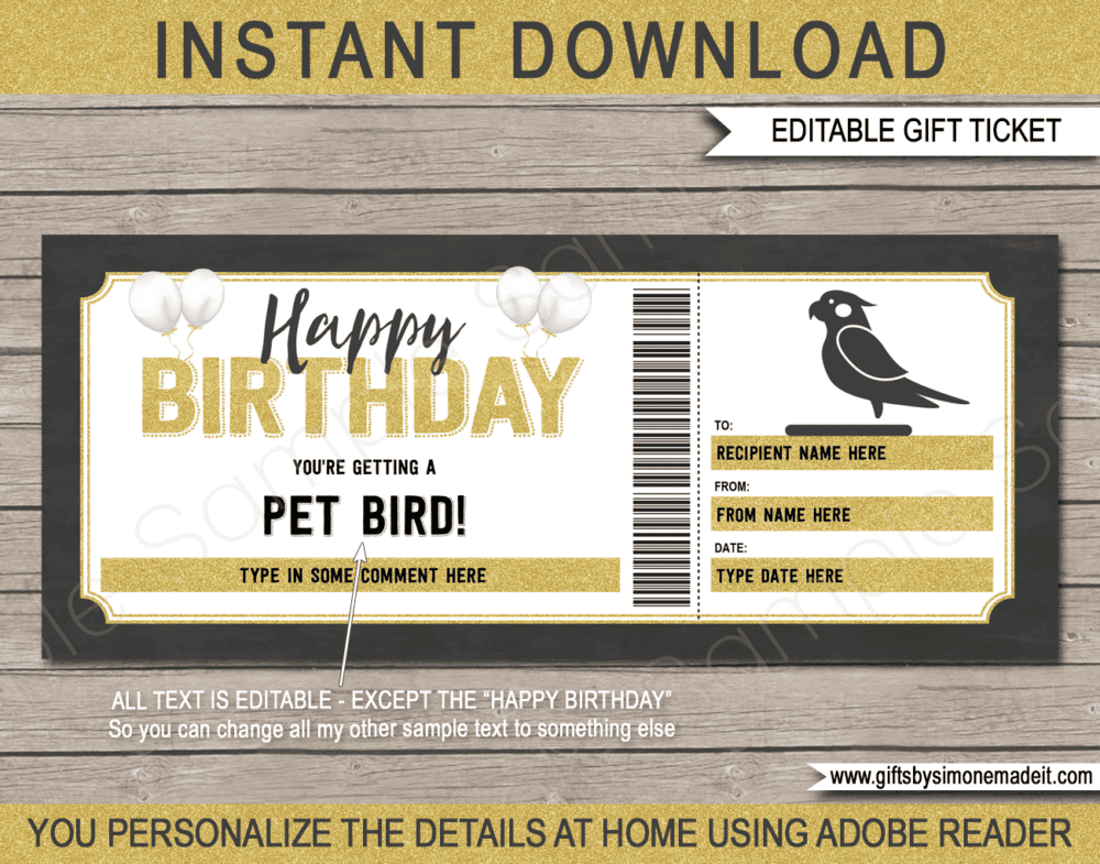 Birthday Pet Bird Gift Certificate Template | Printable Gift Voucher | Surprise Parrot, Budgie, Parakeet, Canary | Polly Want a Cracker | DIY Editable text | INSTANT DOWNLOAD via giftsbysimonemadeit.com