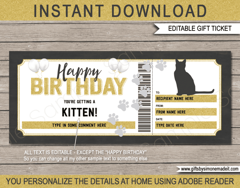 Printable Birthday Kitten Gift Certificate Template | Pet Cat Adoption Voucher | Surprise Kitten | We're Getting a Kitten | Cat Sitting Services | DIY Editable text | INSTANT DOWNLOAD via giftsbysimonemadeit.com
